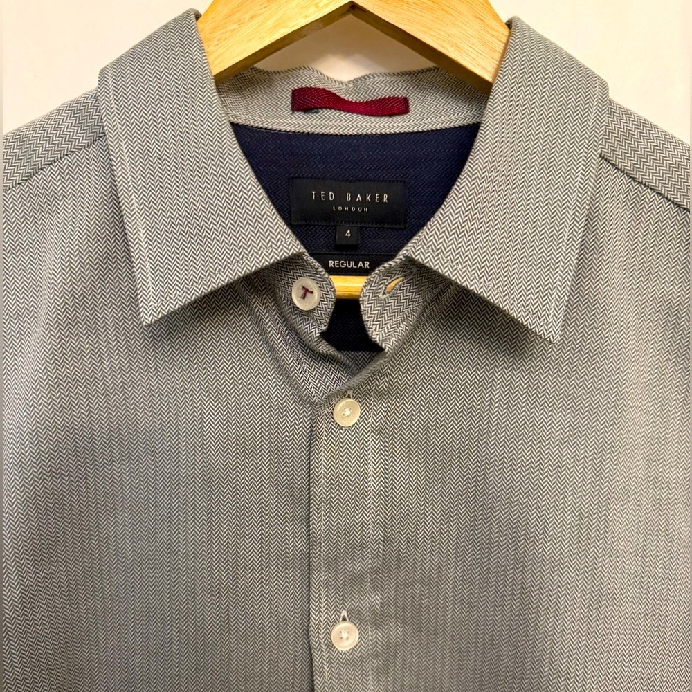 Ted Baker London Gray/Green 100% Cotton Herringbone Button-Down Shirt - Picture 5 of 8